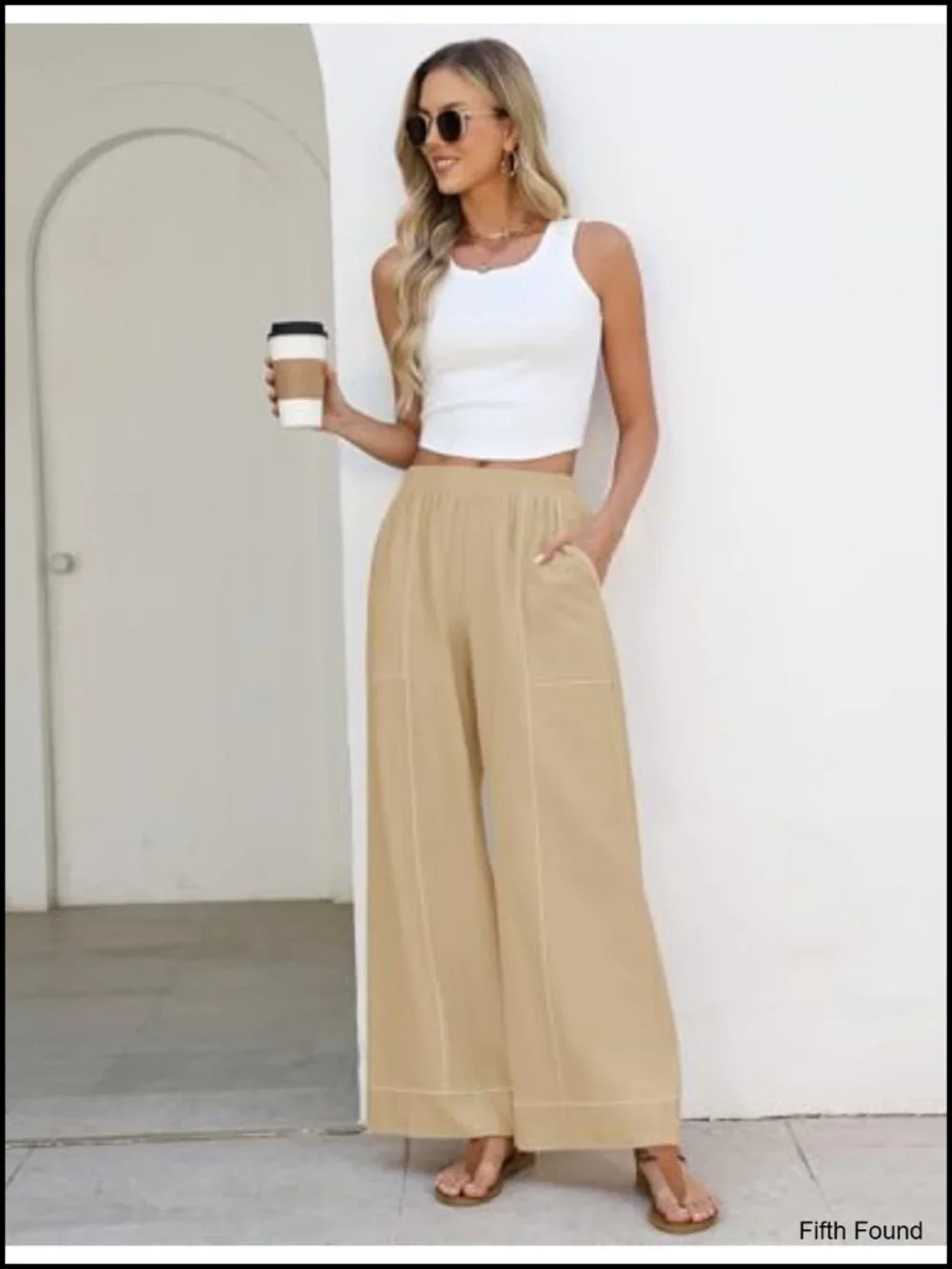 Womens Elastic Waist Palazzo Pants Wide Leg Lounge Trousers with Pockets Cotton